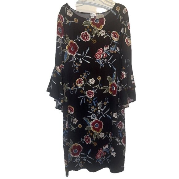 Olivia Matthews Black Colorful Floral Tunic Dress 3/4 Bell Sleeve Sz L Stretch - Picture 1 of 7